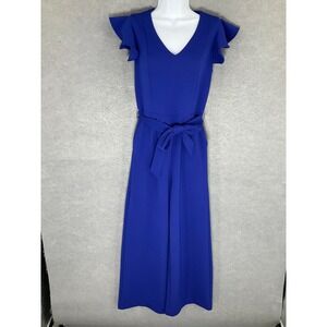 Tahari Jumpsuit Womens Sz 4 Blue‎ Ruffle Sleeve V-Neck Belted Wide Leg